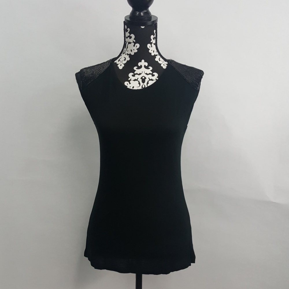 Lauren by Ralph Lauren Black Beaded Shoulder Top